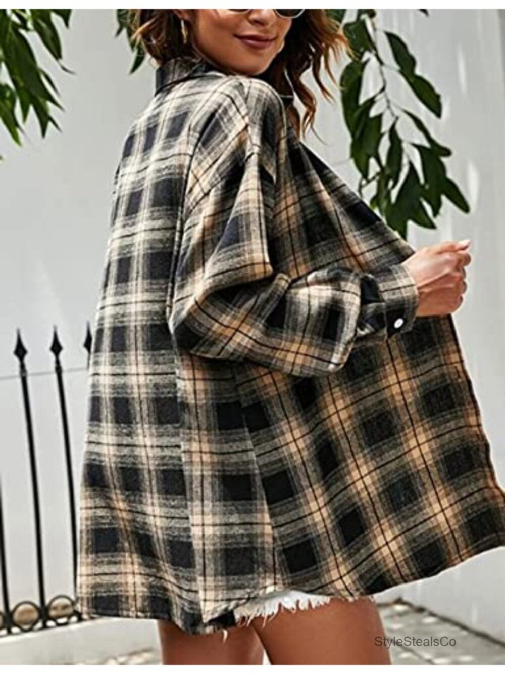 Oversized Flannel Button Down Shirt Women Long Sleeve Plaid - Picture 4 of 6